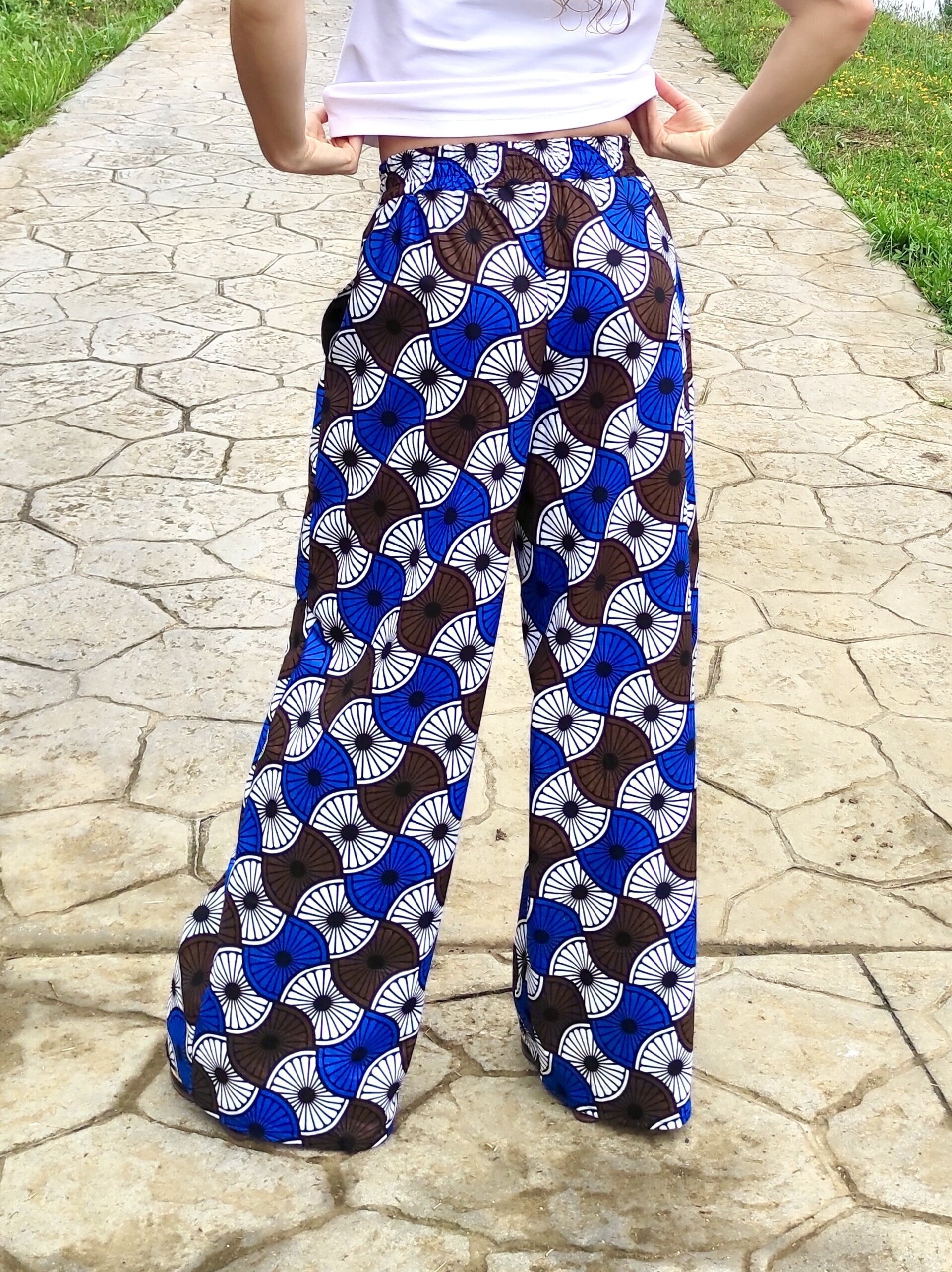 Pantalón Palazzo Mujer con bolsillo - Tela Wax Azul/Chocolate - 5