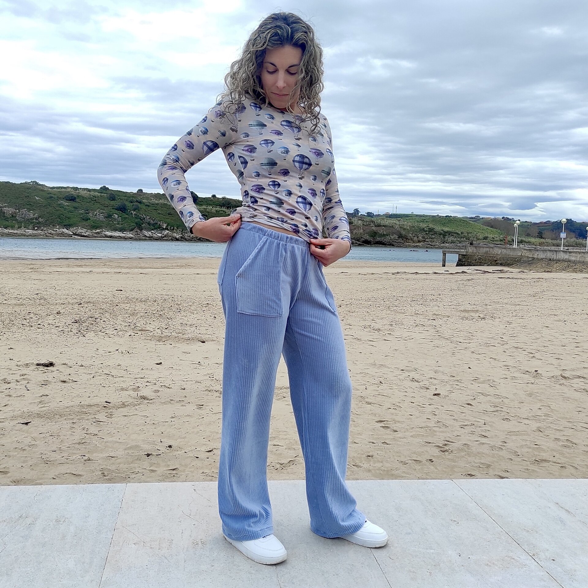 Pantalón Ancho Mujer - punto pana - Azul celeste - 5