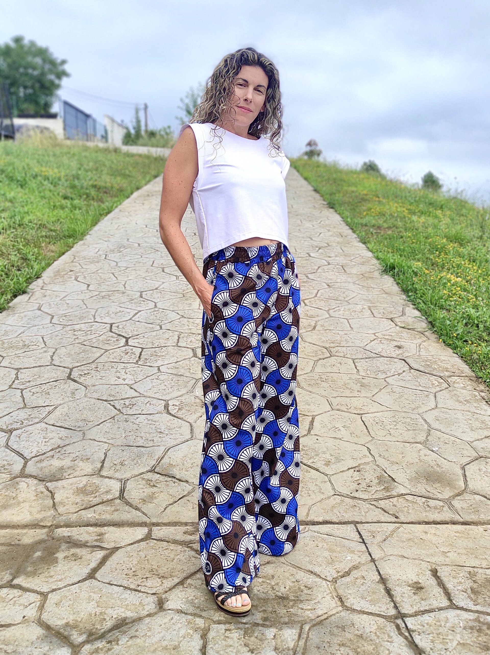 Pantalón Palazzo Mujer con bolsillo - Tela Wax Azul/Chocolate - 2