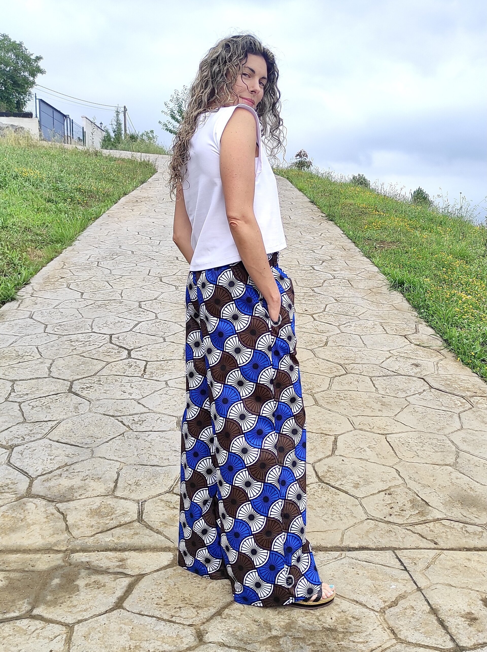 Pantalón Palazzo Mujer con bolsillo - Tela Wax Azul/Chocolate - 3