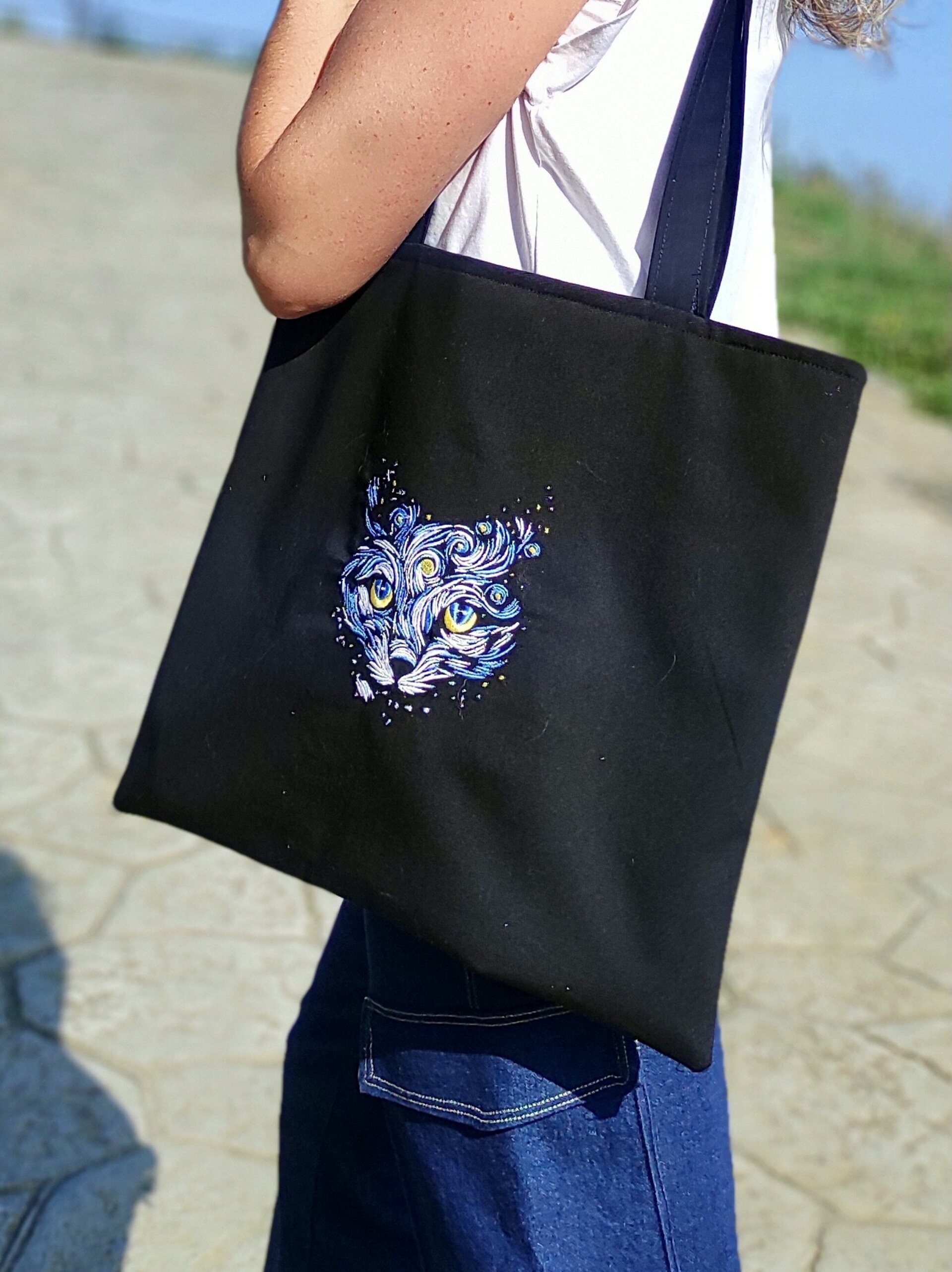 Tote Bag con bordado de cara de gato - noche estrellada - 3