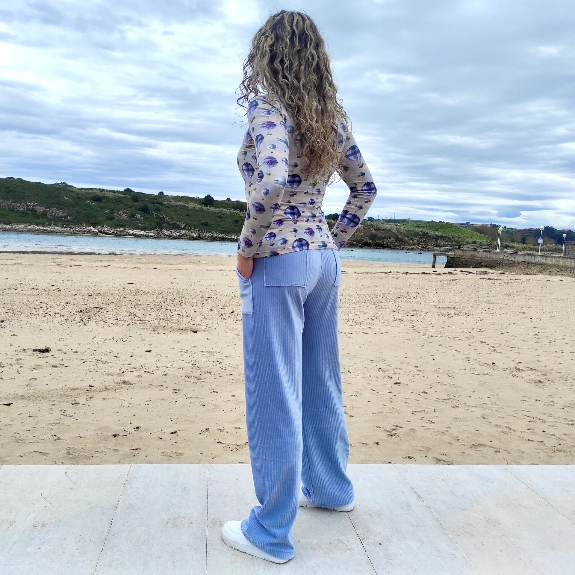 Pantalón Ancho Mujer - punto pana - Azul celeste - 3