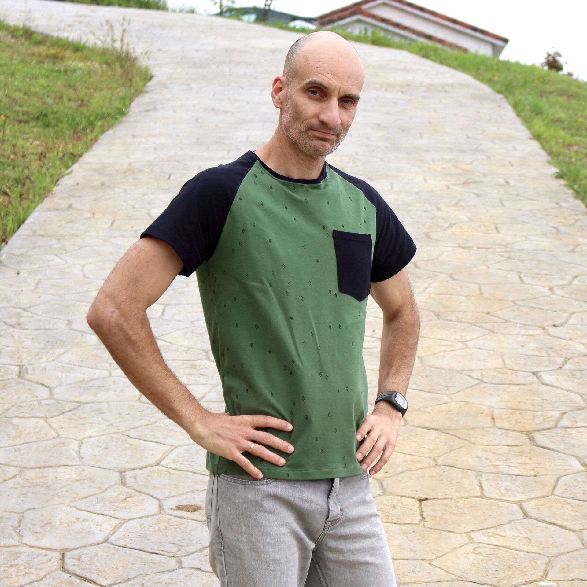 Camiseta Raglán Bolsillo - Verde/Negro - 3