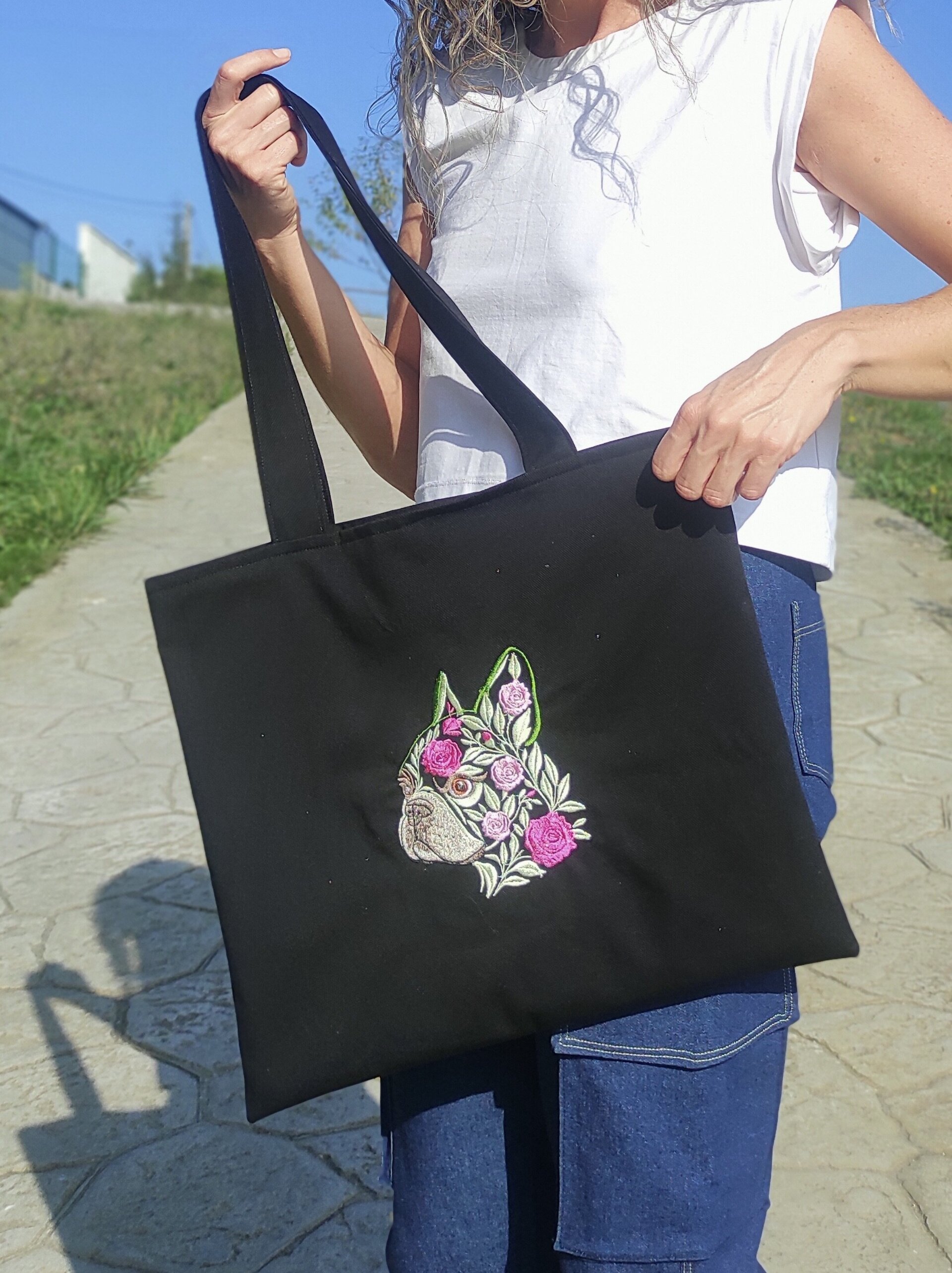 Tote Bag con bordado floral de perro Bulldog Francés - 5