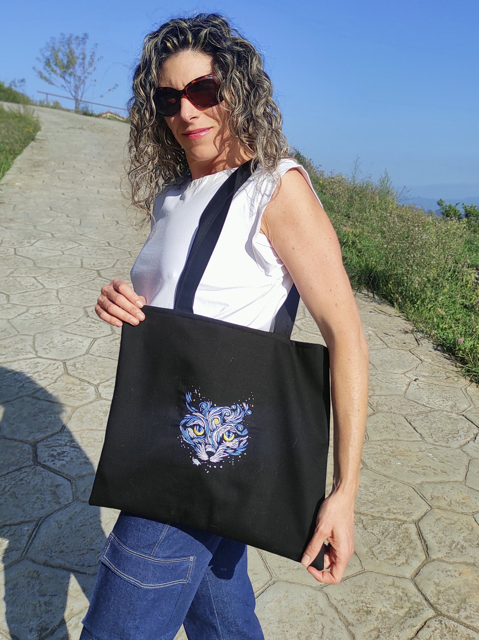 Tote Bag con bordado de cara de gato - noche estrellada - 2