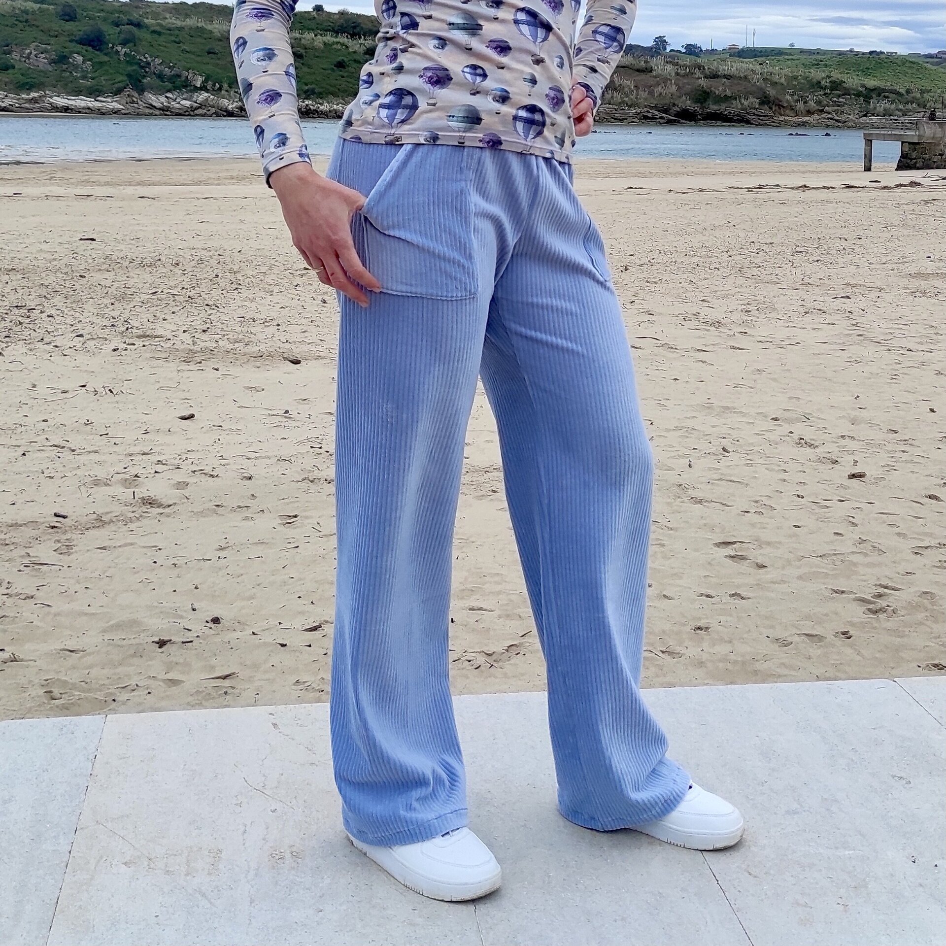 Pantalón Ancho Mujer - punto pana - Azul celeste - 2