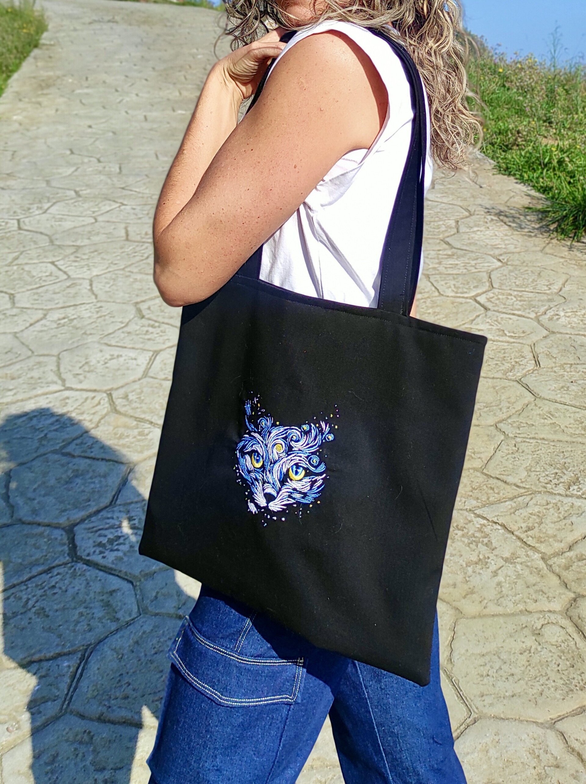 Tote Bag con bordado de cara de gato - noche estrellada - 4