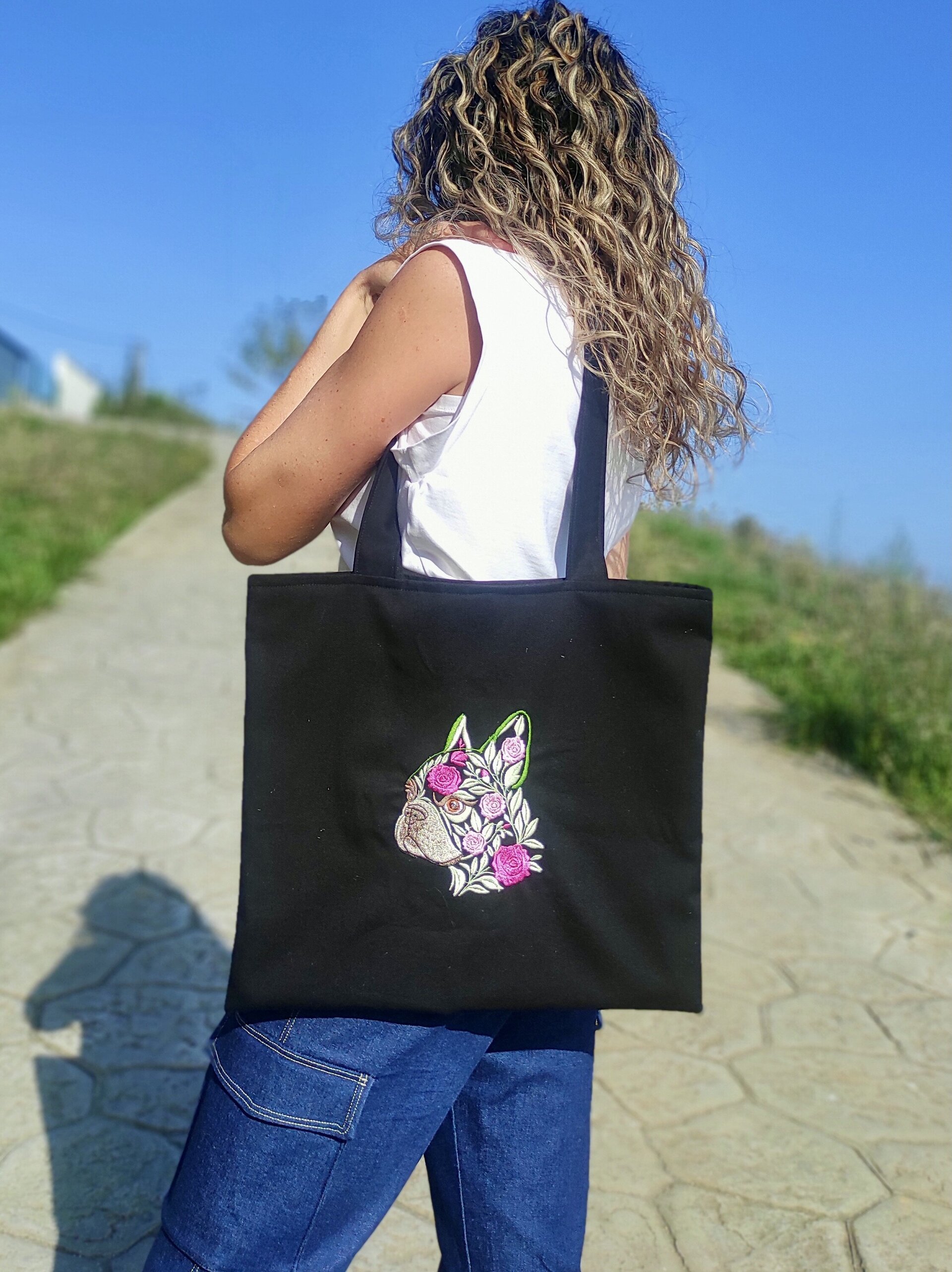 Tote Bag con bordado floral de perro Bulldog Francés - 2