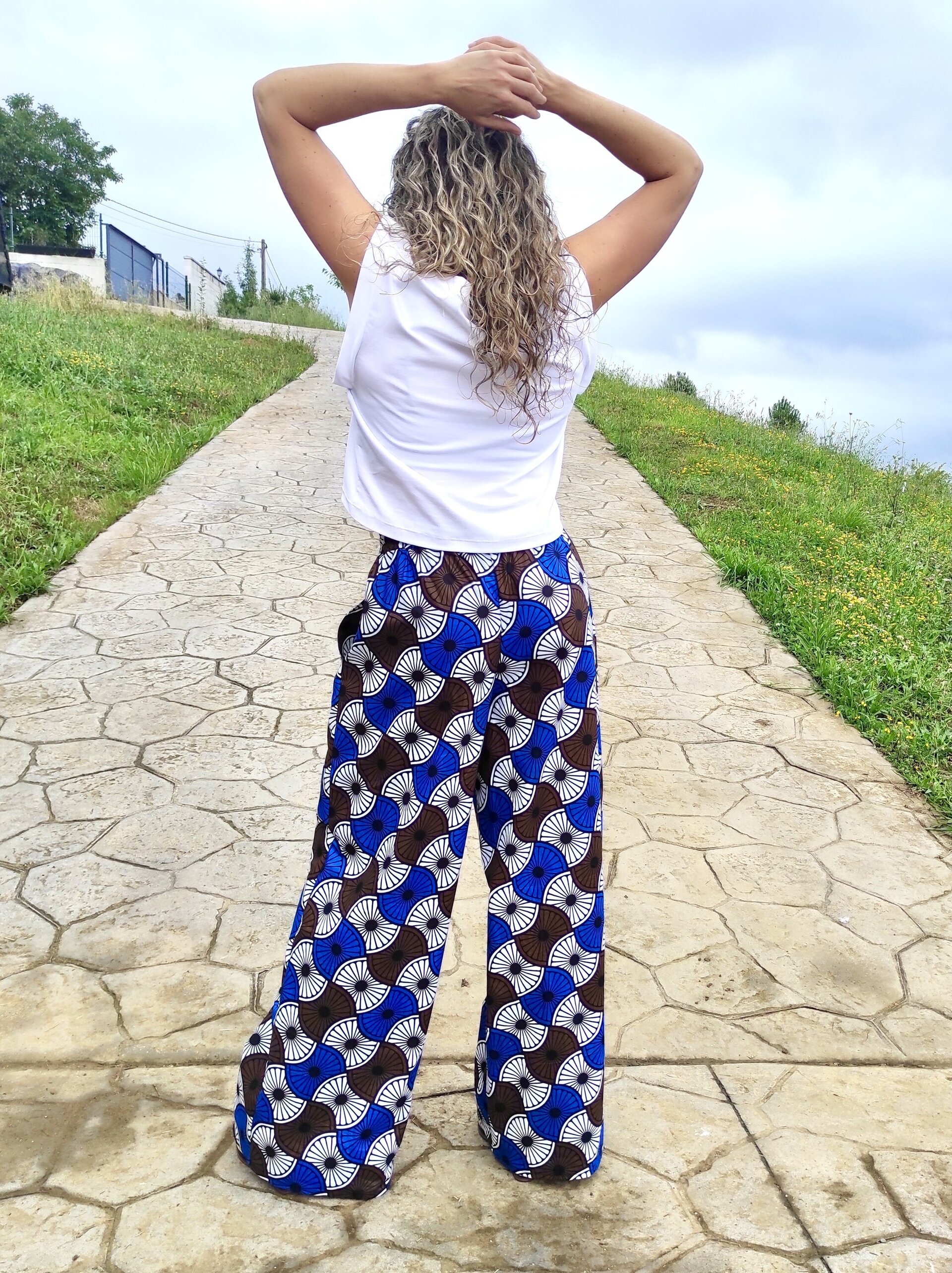 Pantalón Palazzo Mujer con bolsillo - Tela Wax Azul/Chocolate - 4